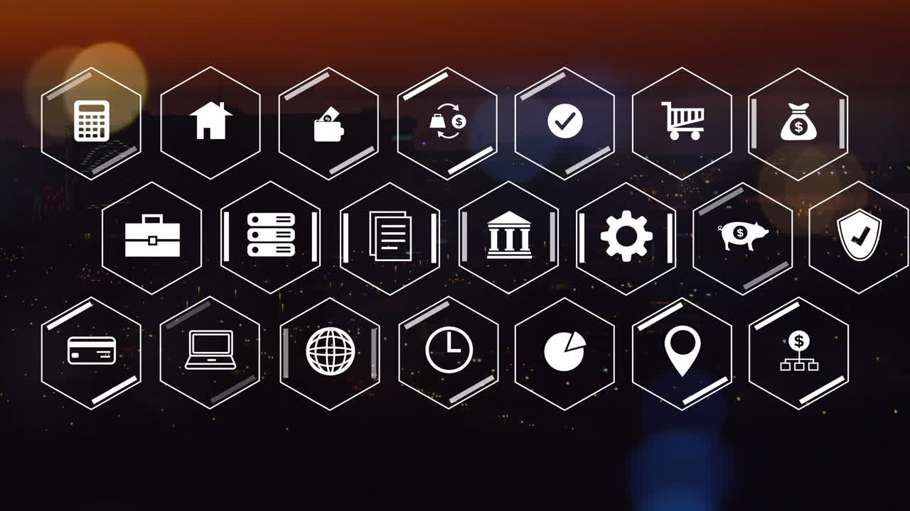 Animation of business icons and shapes over cityscape