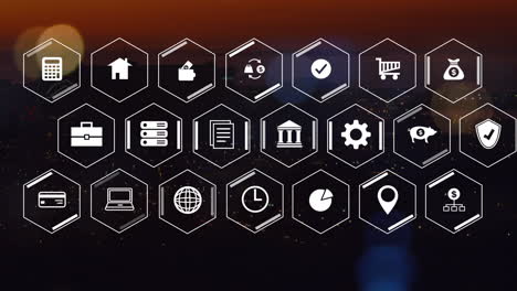 animación de iconos y formas empresariales sobre el paisaje urbano