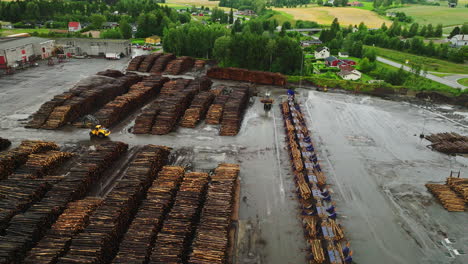 Greiferlader-Bewegen-Und-Lagern-Baumstämme-Auf-Pfählen-Auf-Dem-Nassen-Holzplatz,-Luftaufnahme