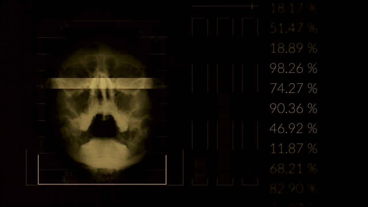 Scan of a human skull, looped brown hud interface medical equipment