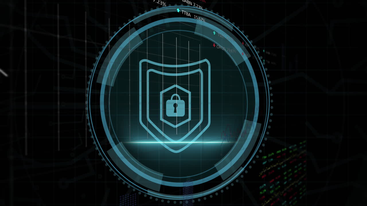 animación del icono digital del candado y procesamiento de datos sobre fondo negro