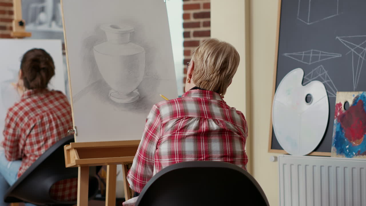 Senior woman drawing vase sketch on canvas with easel