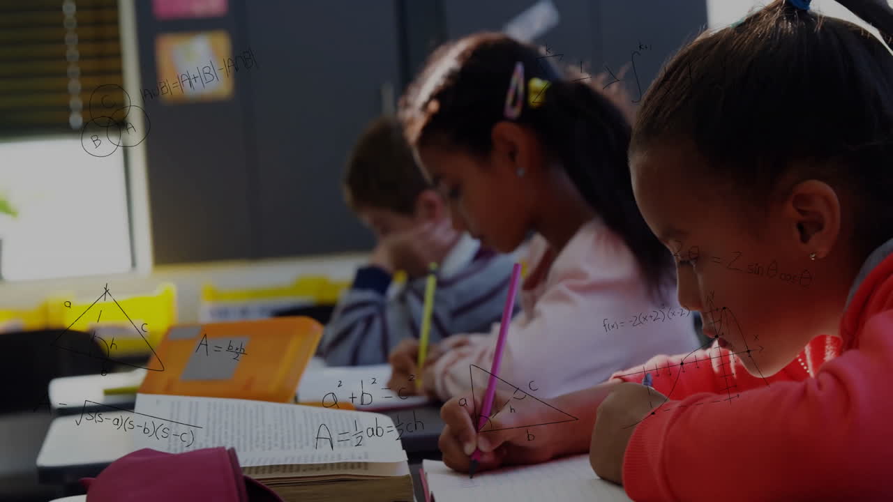 In school, students solving math problems with animation of geometric shapes