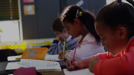 in school, students solving math problems with animation of geometric shapes
