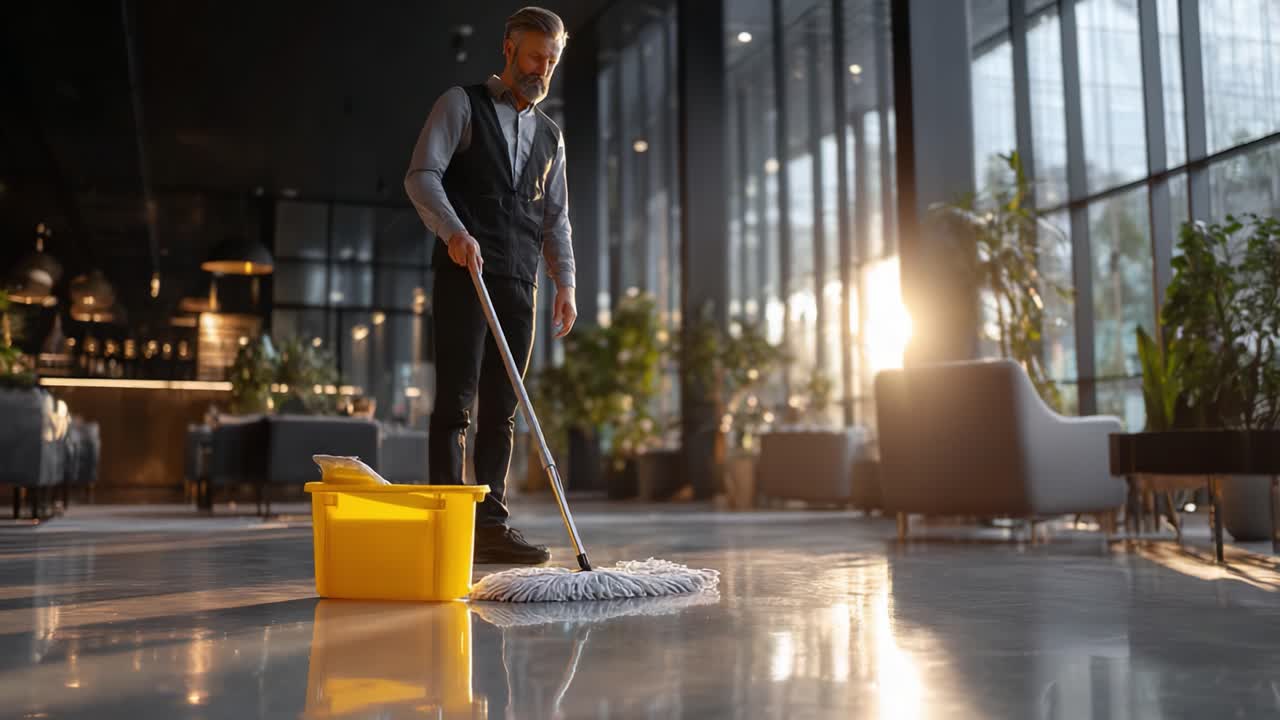 Dedicated Janitor Engaged in Cleaning Activity, Using a Mop and Bucket in a Modern, Sunlit Commercial Space, Emphasizing Attention to Detail and Professionalism