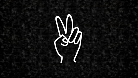 animation of white neon peace sign hand, on black textured background