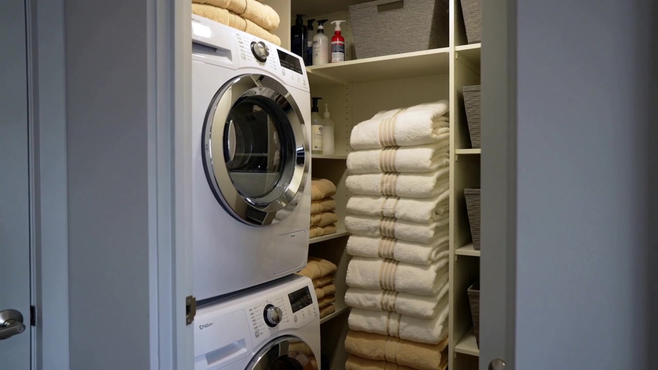 Opening door, camera revealing stacked washer or dryer in laundry closet, highlighting neat storage