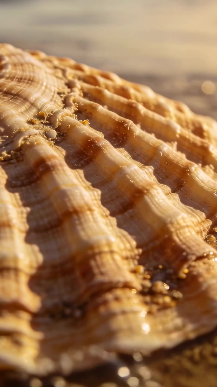 Vertical video: Panning lens revealing ridged scallop shell on wet sand, with shifting sun glints
