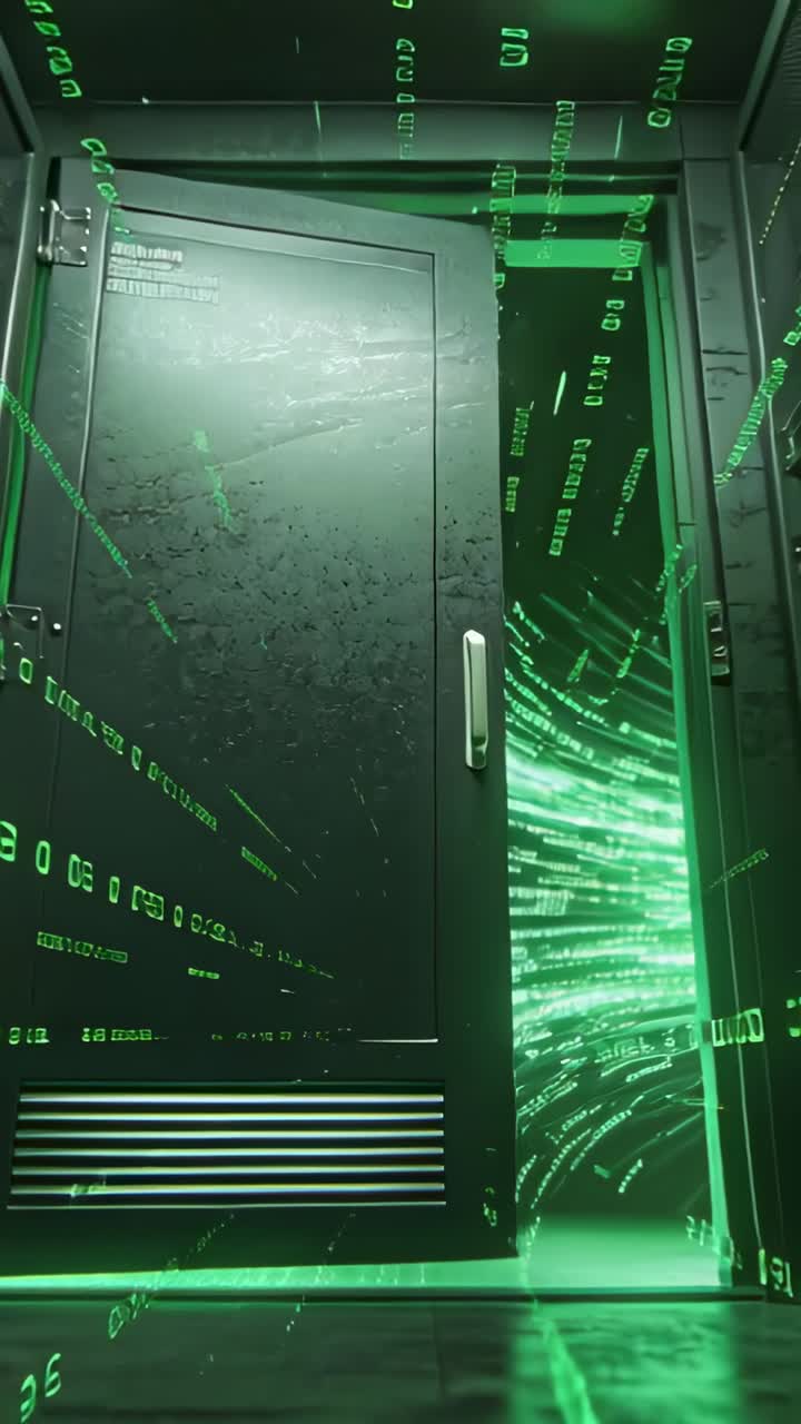 Vertical video: Swinging wider from slit metal door handle showing green flow code in server room