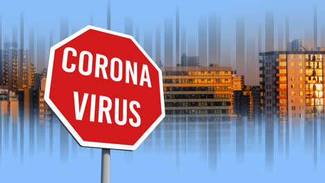 digital animation of coronavirus text on sign board against cityscape in background