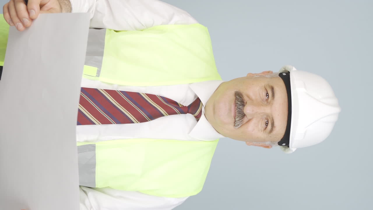 video vertical del viejo ingeniero trabajando en el proyecto.