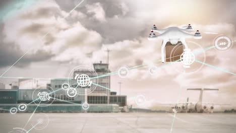 Animation-of-network-of-connections-with-icons-over-drone-and-airport
