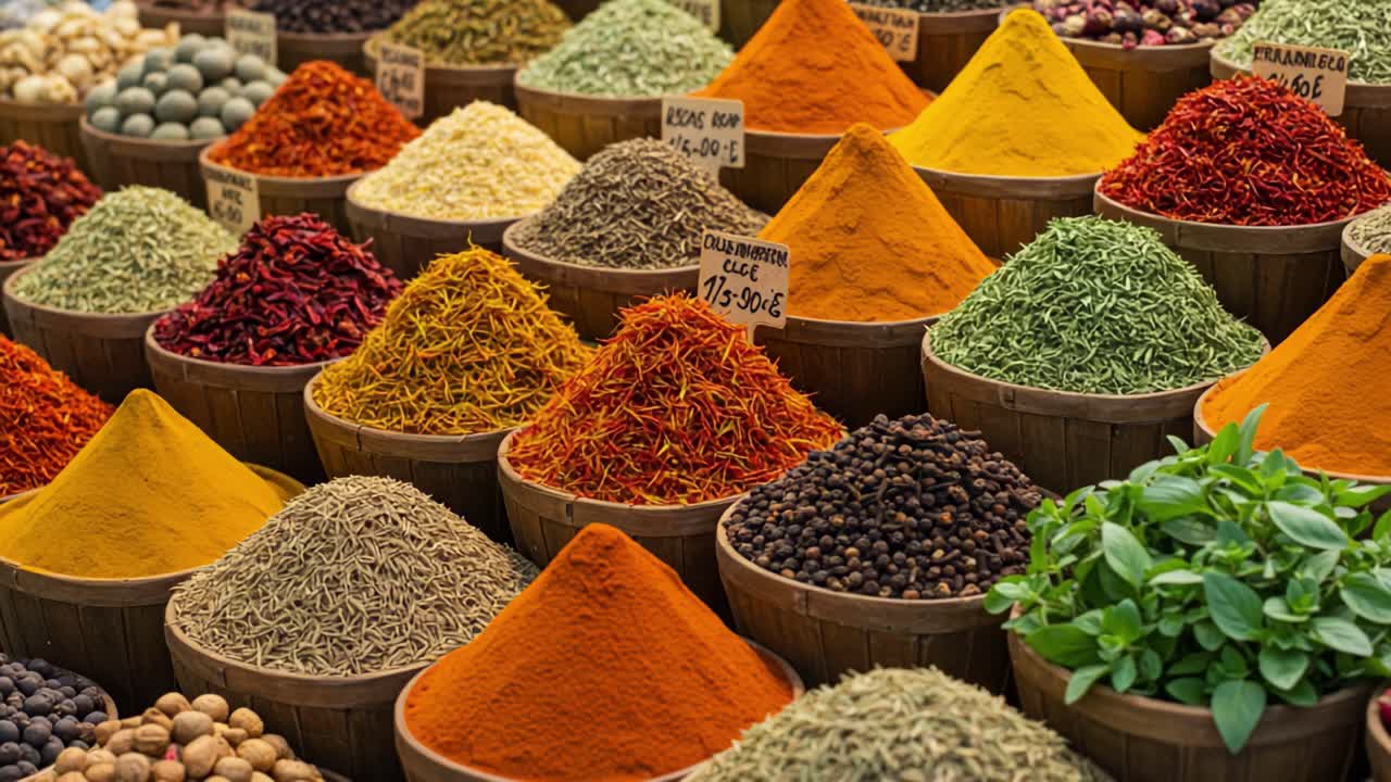 Vibrant Display of Spices in Colorful Baskets Capturing the Essence of Flavorful Culinary Ingredients in an Enchanting Marketplace Atmosphere