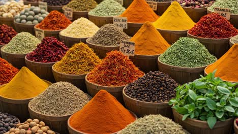 vibrant display of spices in colorful baskets capturing the essence of flavorful culinary ingredients in an enchanting marketplace atmosphere