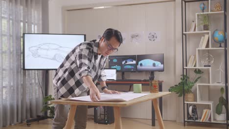 asian male organizing papers while working about car design sketch on table in the studio with tv and computers display 3d electric car model