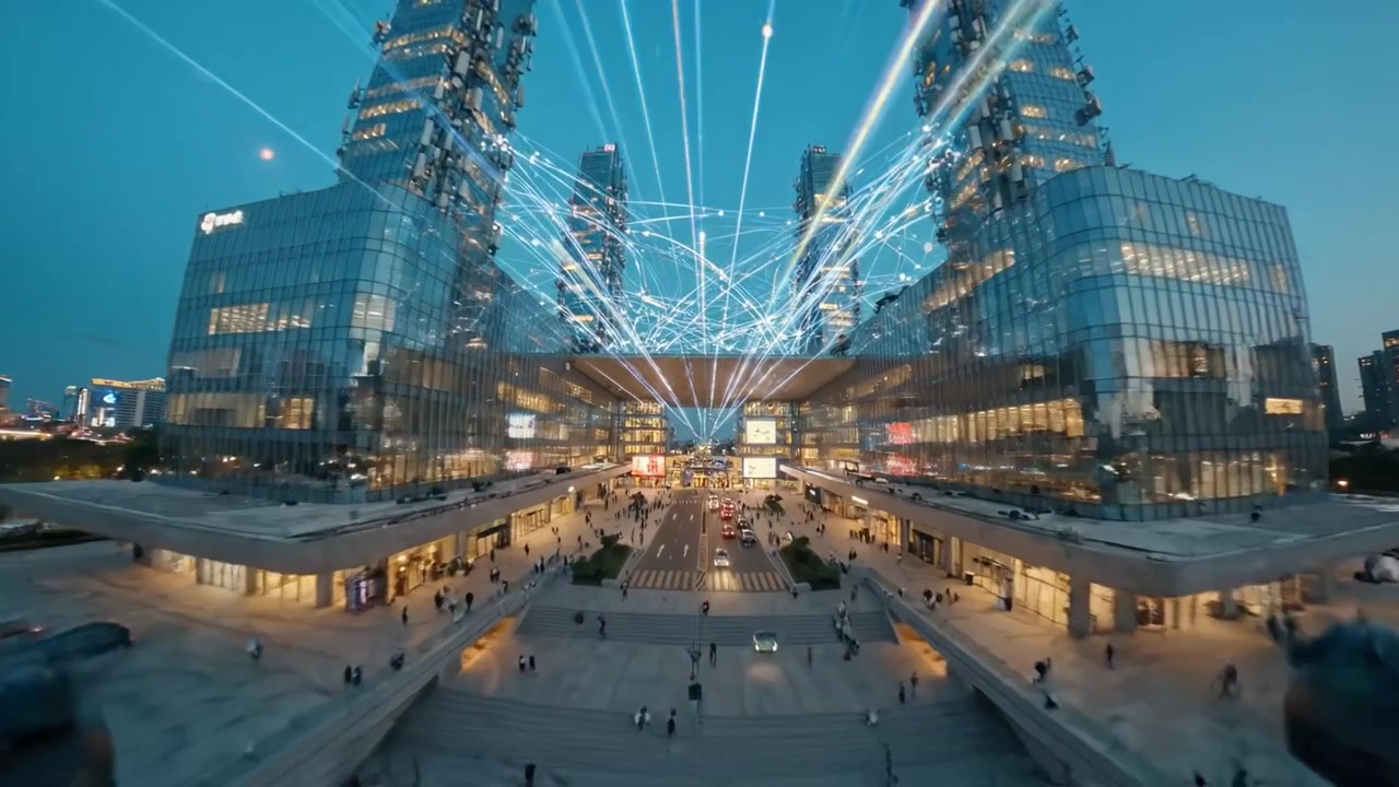 Paisagem Noturna Urbana Vibrante: Uma Exibição Espetacular de Luzes e Vida Entre Arranha-céus e Reflexos na Água, Evocando Energia e Modernidade
