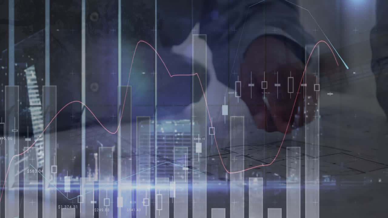 터치 스크린을 사용하여 두 인종의 남자의 손에 대한 그래프의 애니메이션