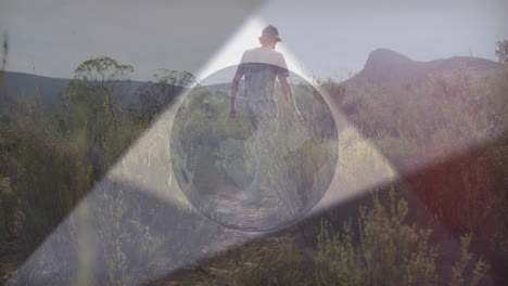 man walking desert path, showcasing technology journey with animated data nodes and lens flares