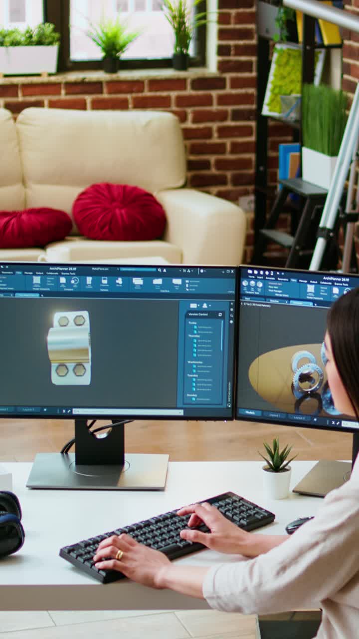 Vertical Video Professional industrial designer working with CAD software on dual monitors