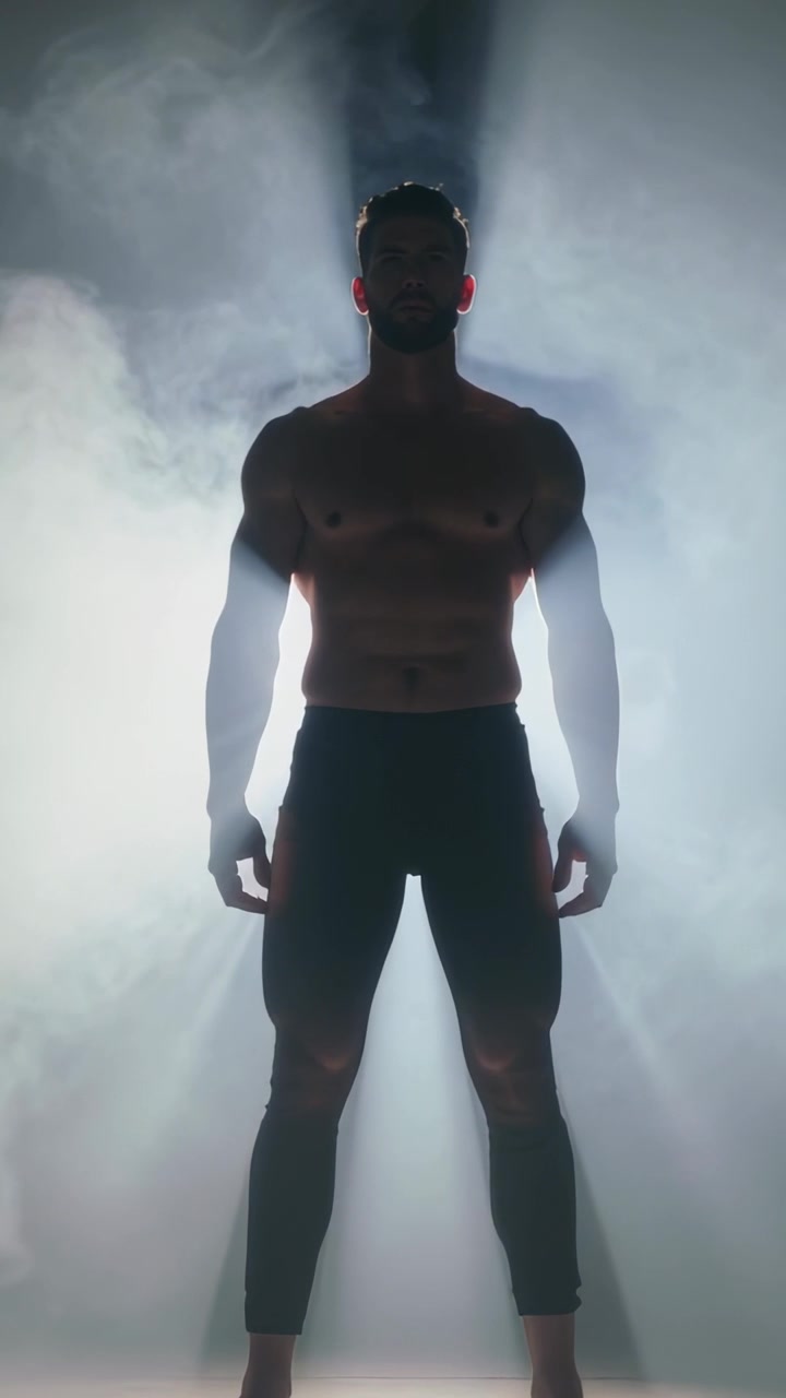 Video vertical: Hombre sin camiseta posando en mallas en un escenario con niebla, la luz de fondo realza su figura, mostrando su forma.