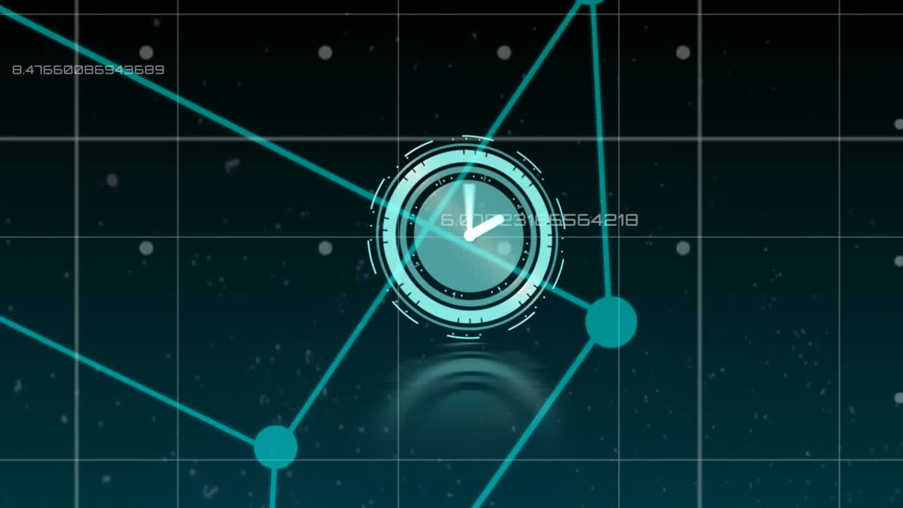 Animation of clock and data processing on grid background