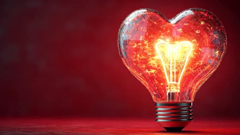 a light bulb shaped like a heart is lit up. the light bulb is surrounded by a red background