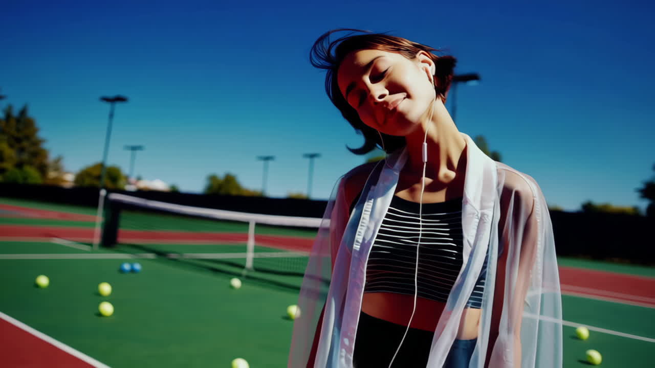 Woman relaxing with earphones on a sunny tennis court