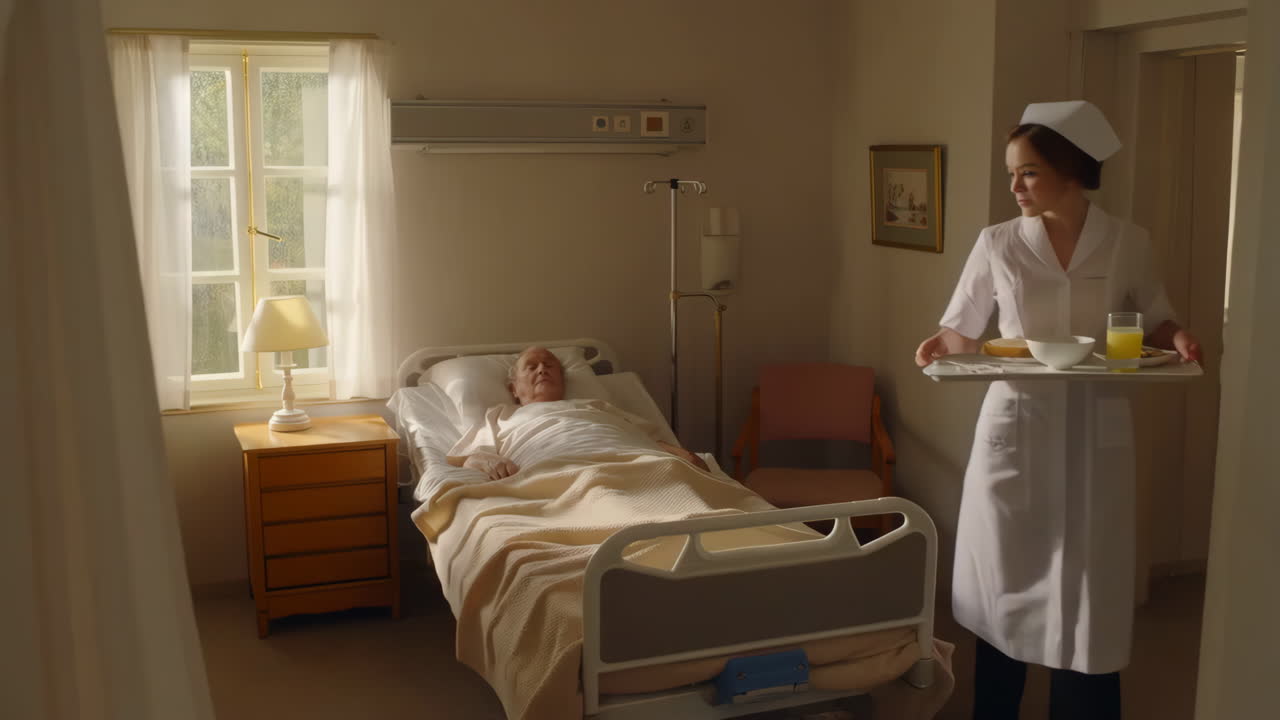 Nurse serves breakfast to a patient in a hospital room