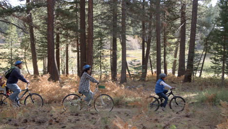 Familia-En-Bicicleta-Por-Un-Bosque,-Panorámica-De-Izquierda-A-Derecha