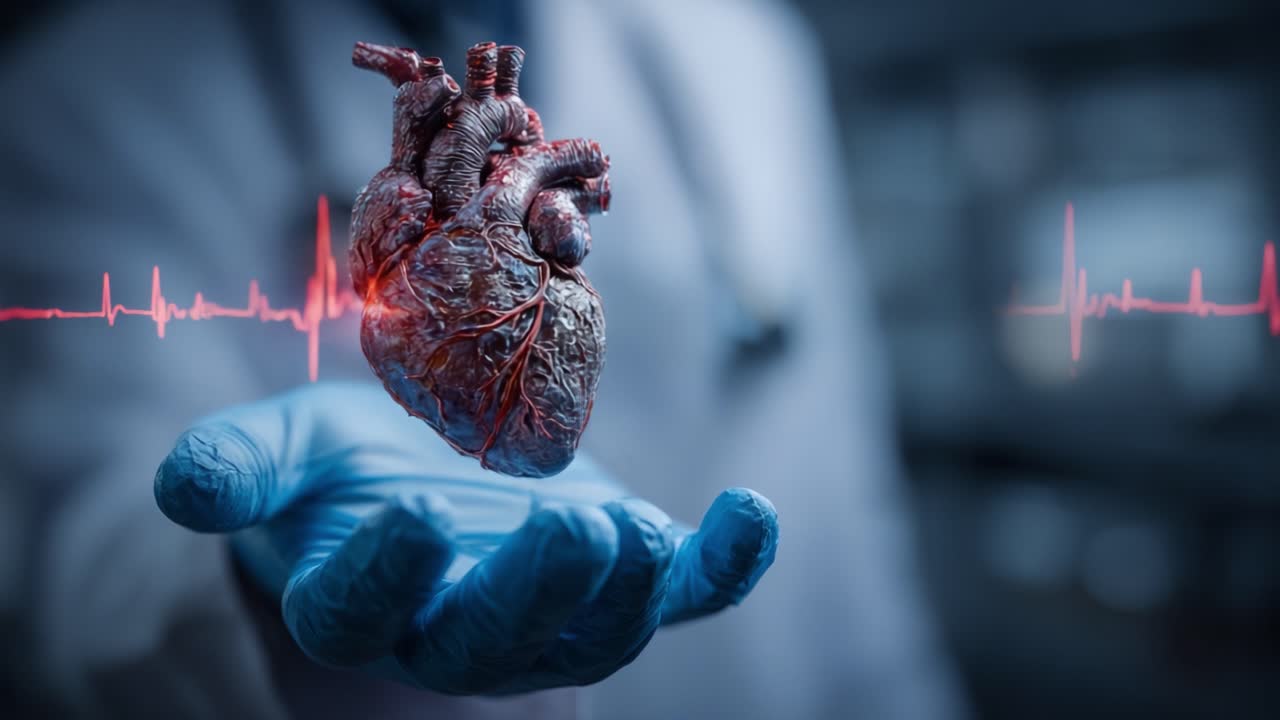 A detailed examination of a human heart representation, showcasing pulse waves and intricate details while emphasizing the significance of cardiac health and medical advancements