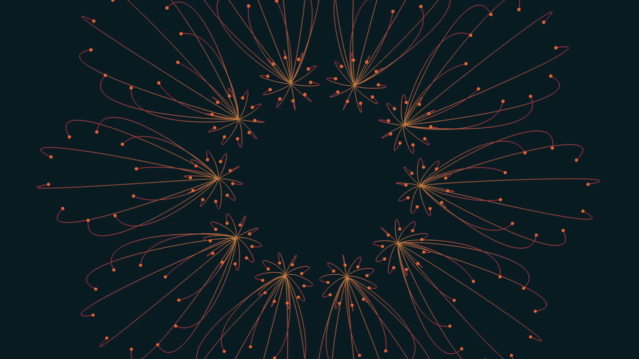 A circular design featuring a sunburst pattern composed of vivid orange lines radiating from the center, creating a visually striking and dynamic focal point