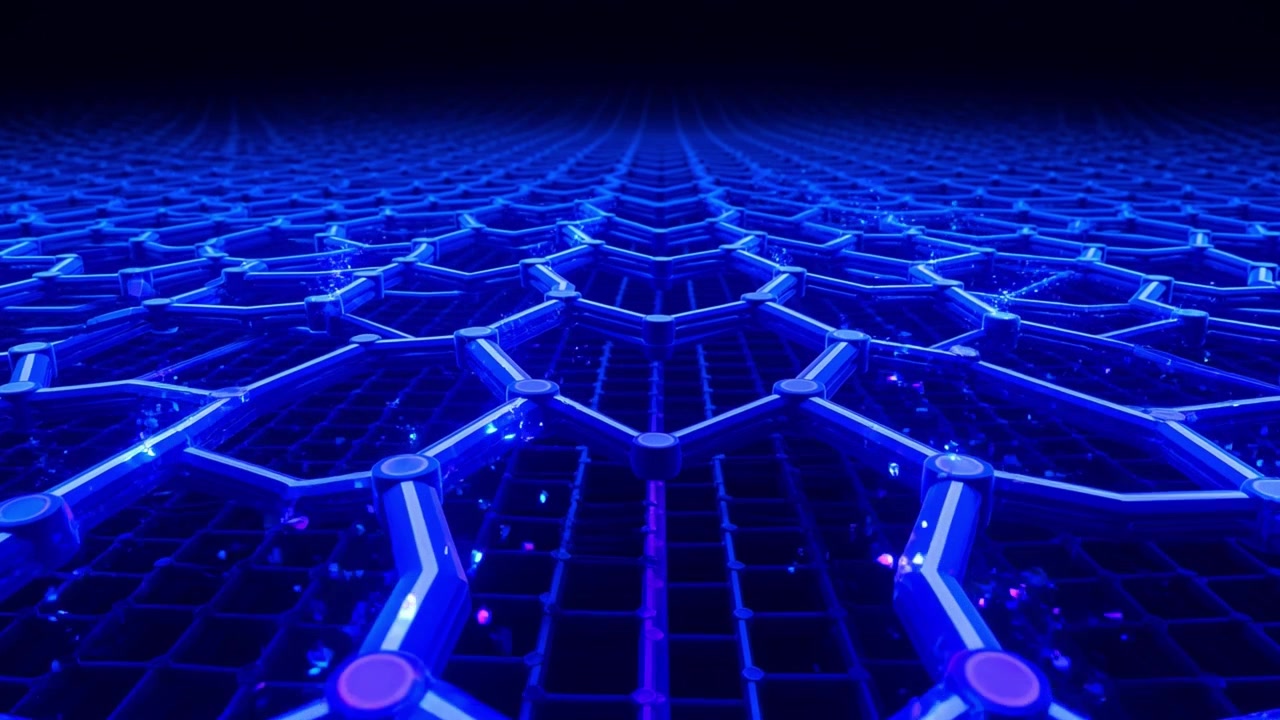 Abstract Digital Hexagonal Grid with Glowing Blue Particles