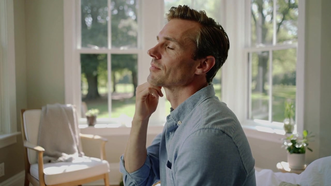 Massaging man in light blue shirt soothing shoulder pain, touching jaw and neck by bay window