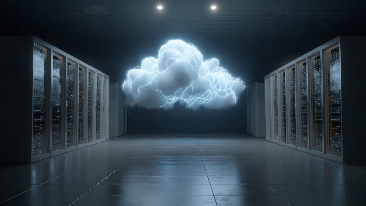 A Futuristic Data Center Featuring Ethereal Cloud Formation Illuminating Servers in a High-Tech Environment, Signifying Cloud Computing Innovations