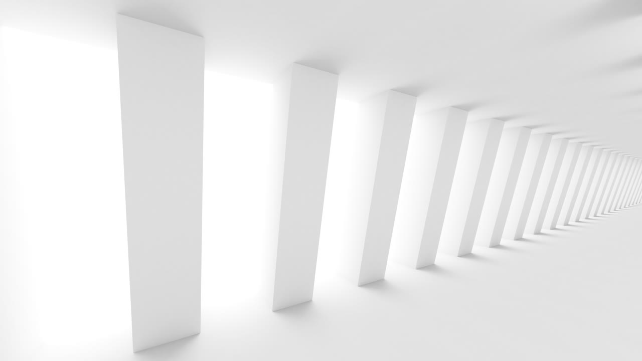 Futuristic empty white corridor with rectangular walls and bright light