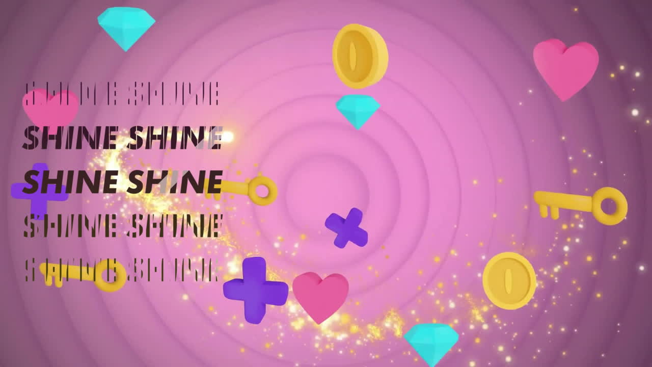 Animation of shine text and shapes moving over pink background