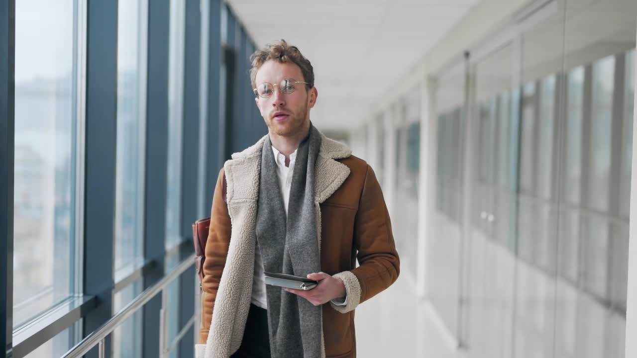 un joven serio caminando por un pasillo de cristal con una tableta en las manos