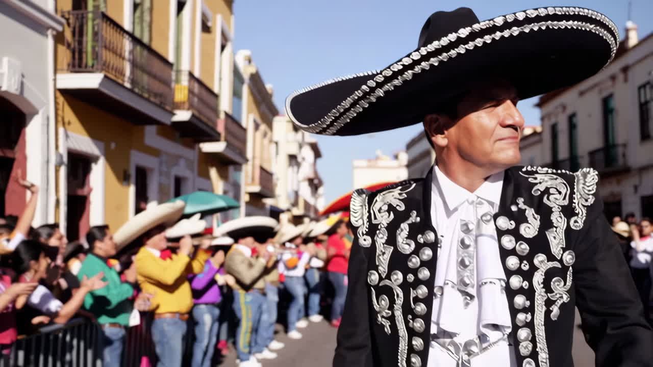 Smiling Mariachi Man in Traditional Charro Suit at a Street Festival