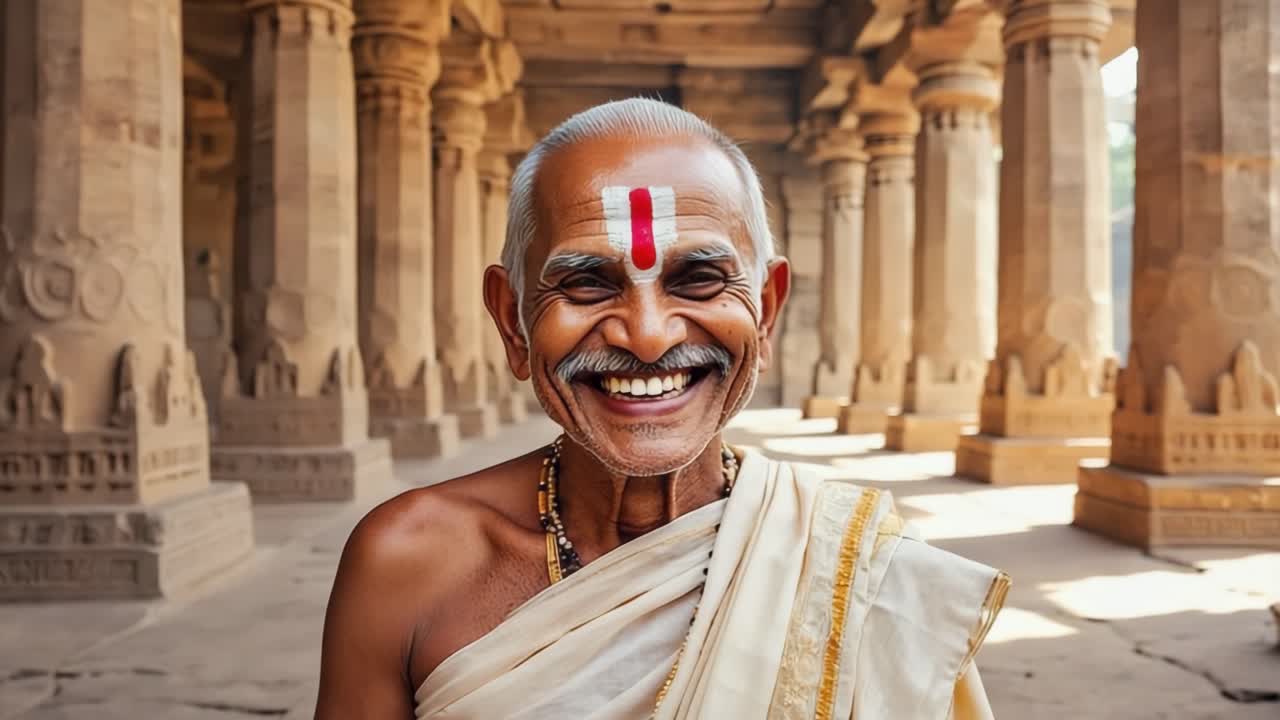 Smiling brahman priest wearing traditional white clothes, gold necklace and tilaka on his forehead, standing in the colonnade of an ancient temple