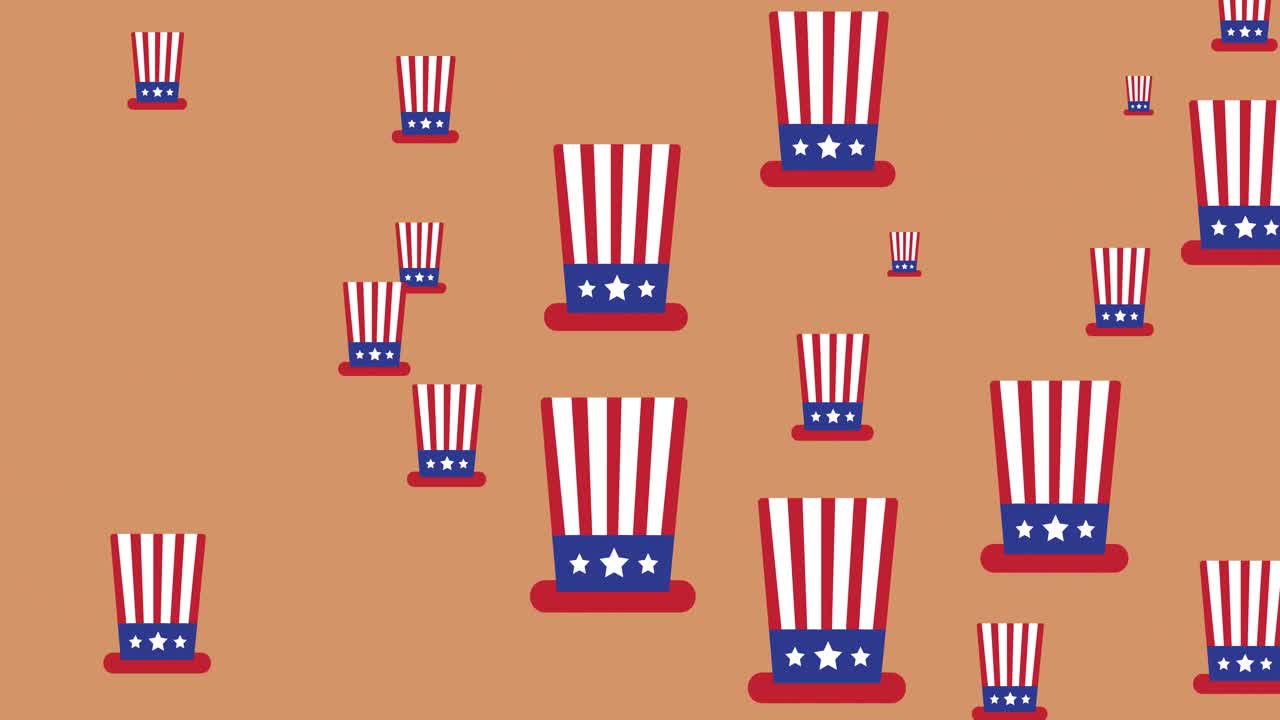 Animation of american flag coloured hats moving over brown background