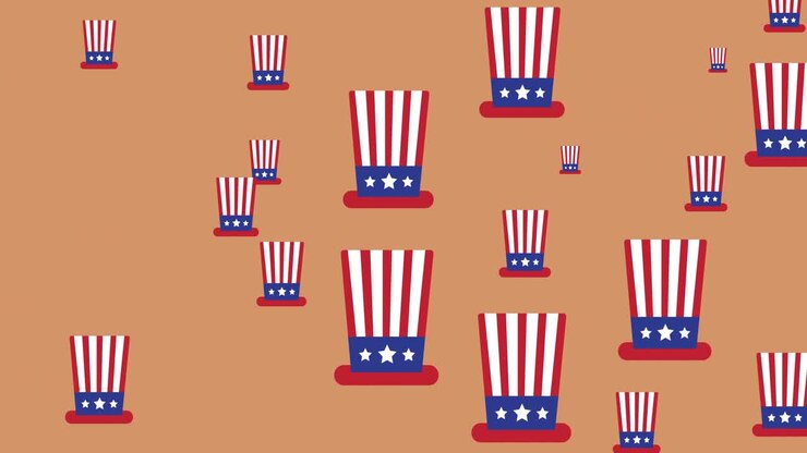 Animation of american flag coloured hats moving over brown background