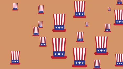 Animation-of-american-flag-coloured-hats-moving-over-brown-background