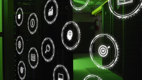 animación de iconos de negocios sobre la sala del servidor