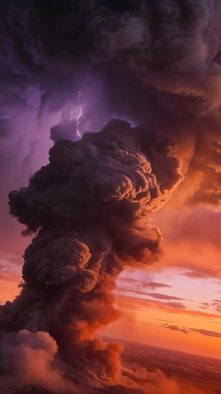Vertical video: Rising ash column flashing with lightning from eruption over horizon at sunset
