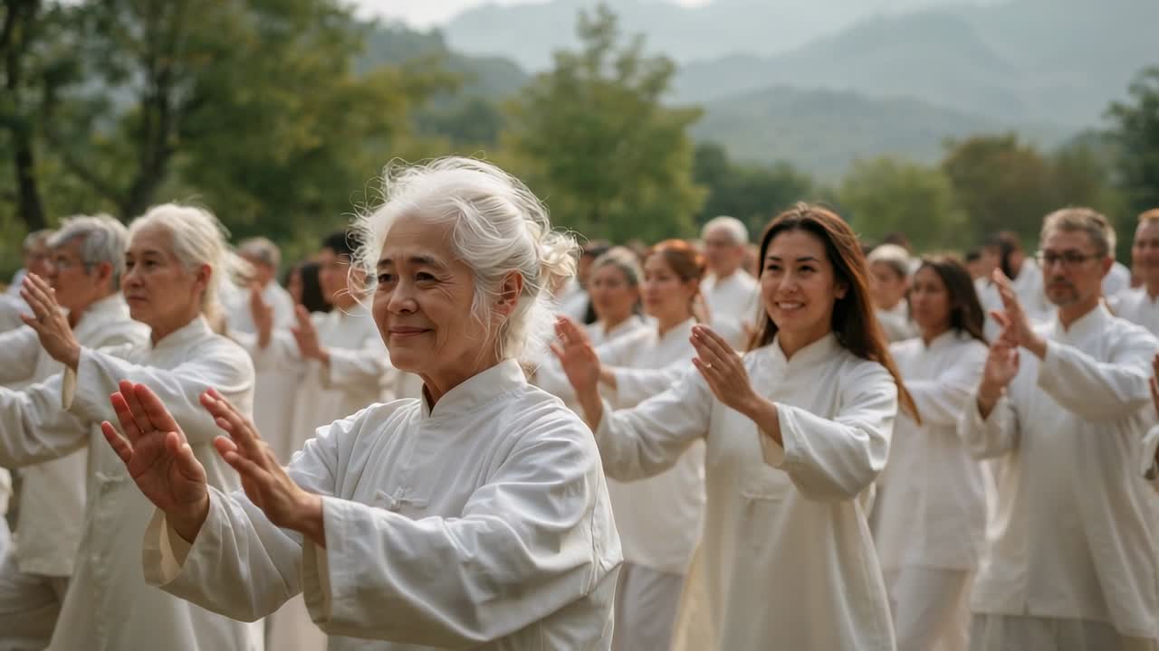 Femme âgée aux cheveux blancs dirigeant un groupe pratiquant lentement le tai-chi sur l’herbe, portant des uniformes blancs