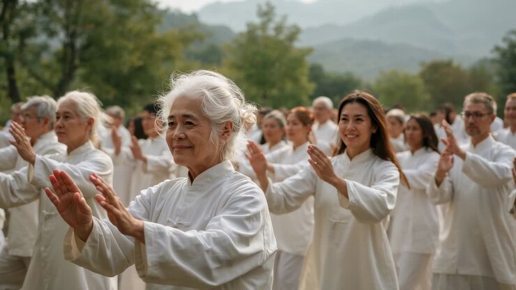 Raising senior white-haired woman guiding group doing slow tai chi on grass, wearing white uniforms