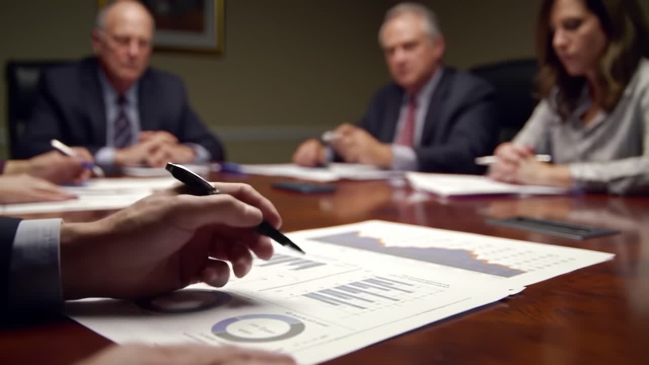 Business Meeting Discussing Financial Reports and Strategies in a Corporate Setting