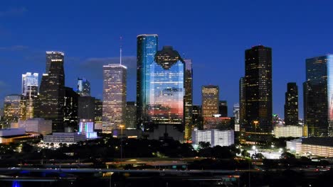 the houston skyline at sunset