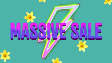 Animation-of-massiver-sale-text-over-thunder-flash-and-flowers-on-green-background