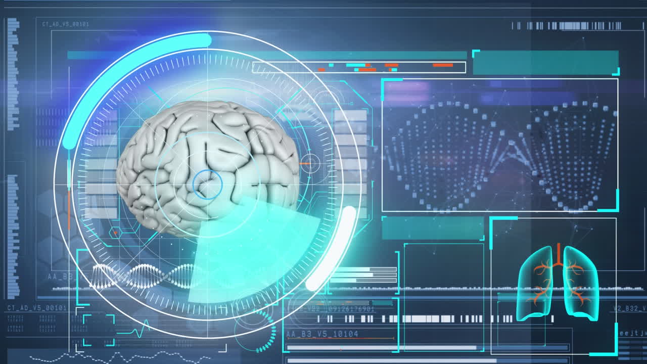 Animation of scope scanning and medical data processing with human brain over digital screen